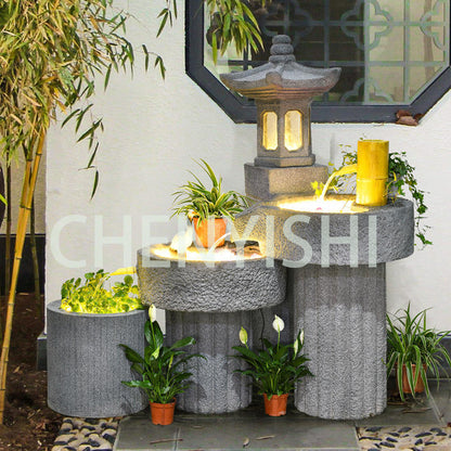 CHENYISHI Jardín zen japonés Diseño paisajístico de patio pastoral Jardín de la casa Balcón Terraza Fuente de agua Estanque de peces Paisaje 