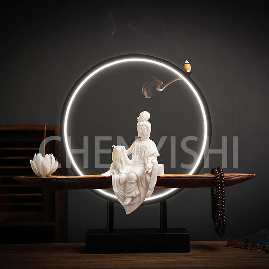 CHENYISHI Creative White Porcelain Guanyin Buddha Statue Zen Home Tea Room Decorations Aromatherapy Furnace Backflow Incense Burner Lamp