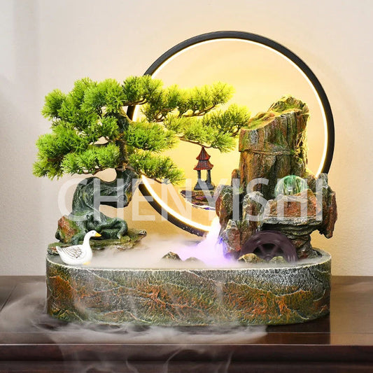 CHENYISHI Chinese Style Welcoming Pine Rockery Flowing Water Fountain Ornaments Watermill Ball Living Room Office Water Landscape