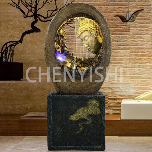 CHENYISHI Buddha Statue Fountain Flowing Water Ornaments Living Room Waterscape Buddha Head Room Office Company Zen Humidifier Decoration