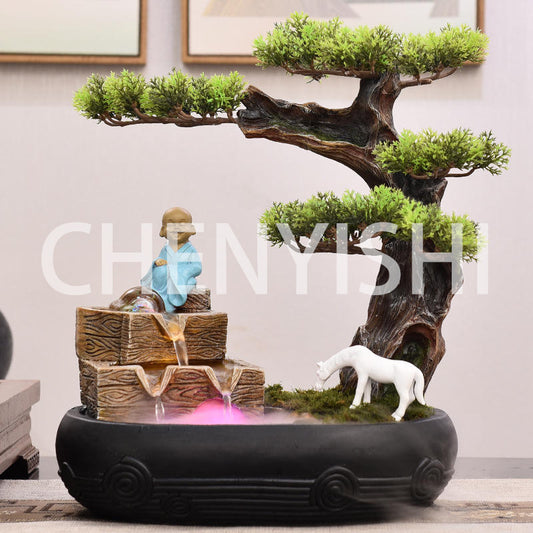 CHENYISHI Venta al por mayor Fuente de agua corriente de rocalla de estilo chino Bonsai Sala de estar interior Adornos de escritorio de pino Feng Shui acogedores 