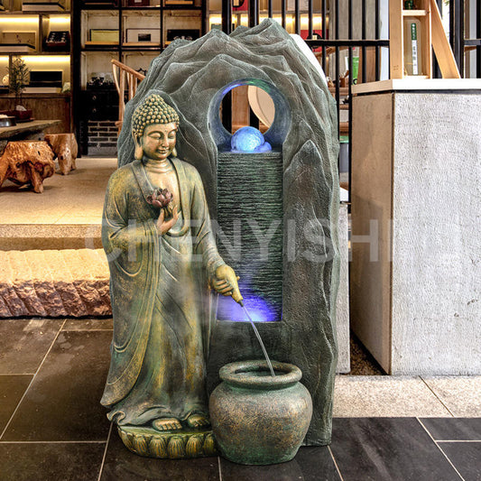 CHENYISHI Estatua de Buda del sudeste asiático Adornos de agua corriente Sala de estar Sala de té Fuente Humidificador Club Oficina Zen Ganar dinero 