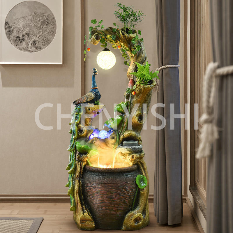 CHENYISHI Chinese Style Peacock Zen Rockery Flowing Water Fountain Landscape Fortune-giving Gift Ornaments Root Carving Feng Shui Ball