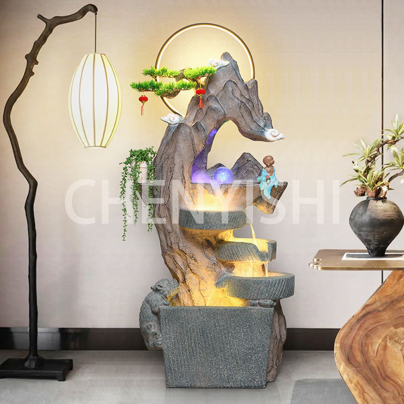 CHENYISHI Adornos de agua corriente de estilo chino con forma de rocalla, fuente circulante, bola LED de la suerte Feng Shui, decoración para sala de estar y balcón, 60 x 35 x 140 cm 