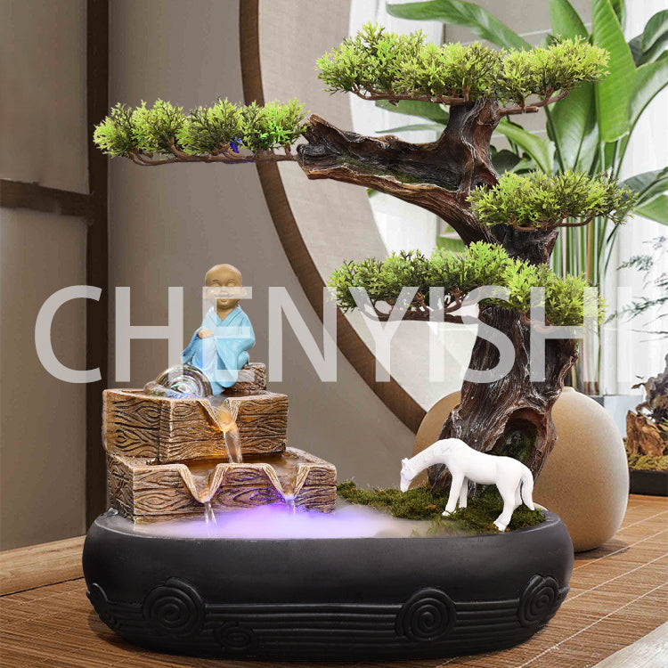 CHENYISHI Venta al por mayor Fuente de agua corriente de rocalla de estilo chino Bonsai Sala de estar interior Adornos de escritorio de pino Feng Shui acogedores 