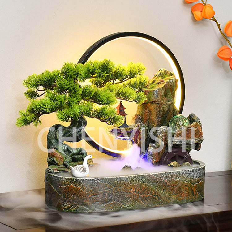 CHENYISHI Chinese Style Welcoming Pine Rockery Flowing Water Fountain Ornaments Watermill Ball Living Room Office Water Landscape