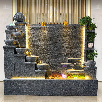 Fuente de agua para jardín zen con luces LED, gran cascada de cemento con forma de río para decoración de patio y jardín 