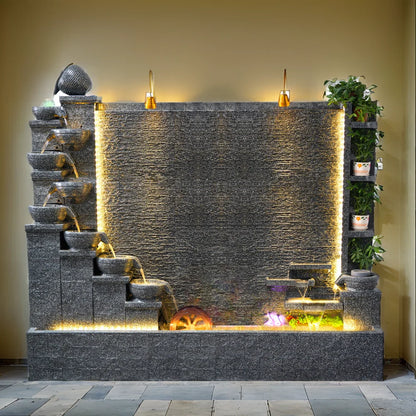 Fuente de agua para jardín zen con luces LED, gran cascada de cemento con forma de río para decoración de patio y jardín 