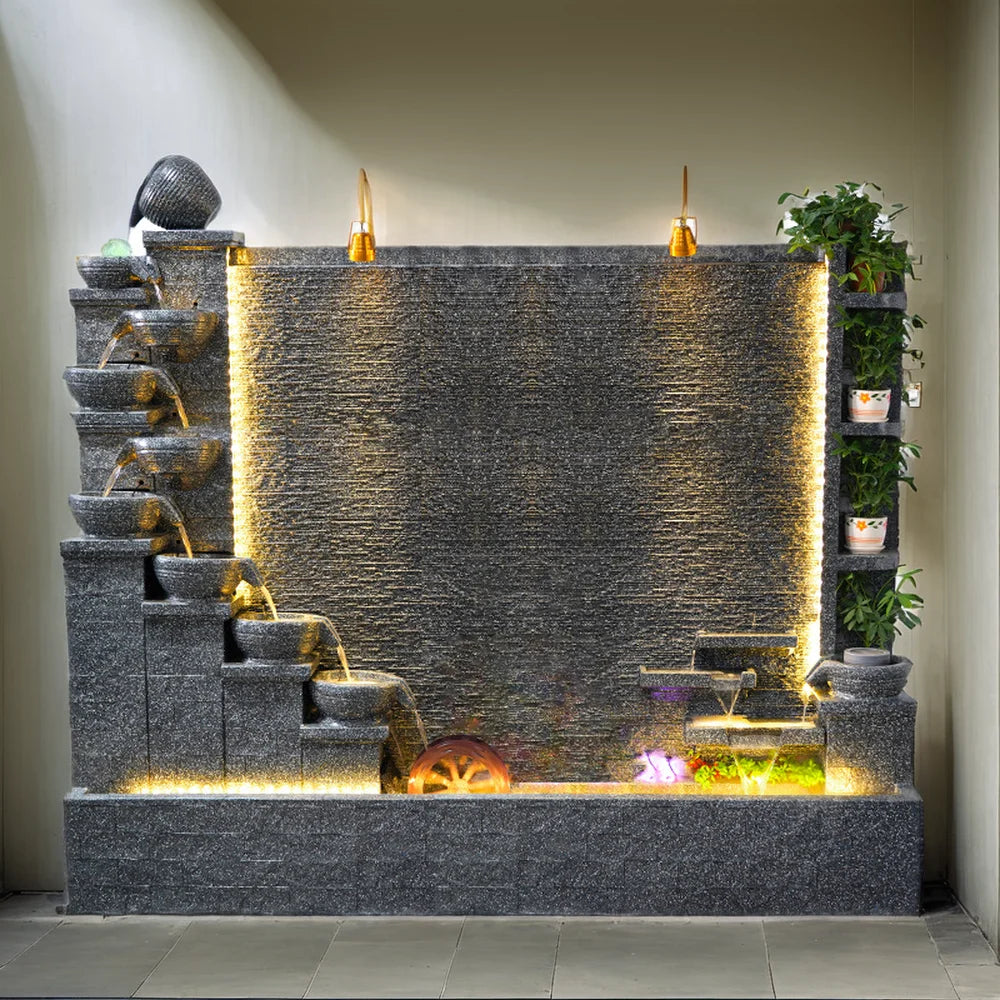 Fuente de agua para jardín zen con luces LED, gran cascada de cemento con forma de río para decoración de patio y jardín 