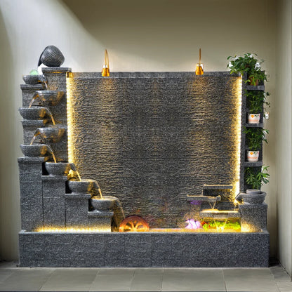 Fuente de agua para jardín zen con luces LED, gran cascada de cemento con forma de río para decoración de patio y jardín 