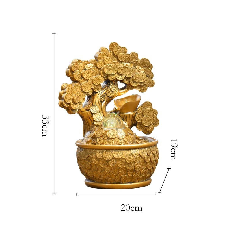 نافورة طاولة على شكل شجرة نقود ذهبية، شلالات دائرية إبداعية، زينة فنغ شوي لغرفة المعيشة وسطح المكتب 