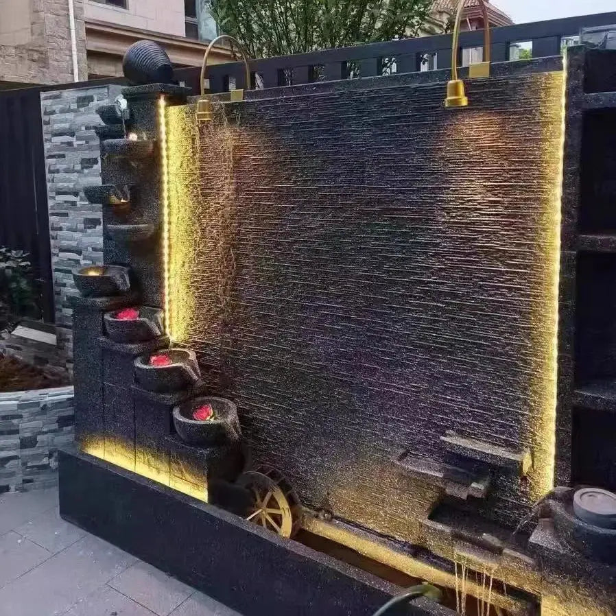 Fuente de agua para jardín zen con luces LED, gran cascada de cemento con forma de río para decoración de patio y jardín 