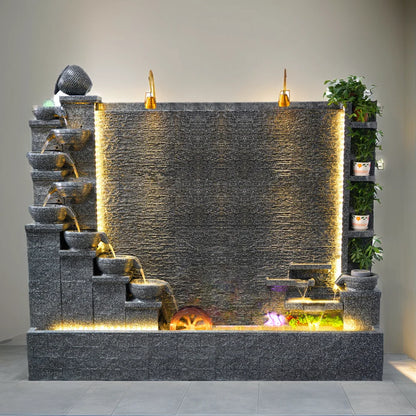 Fuente de agua para jardín zen con luces LED, gran cascada de cemento con forma de río para decoración de patio y jardín 