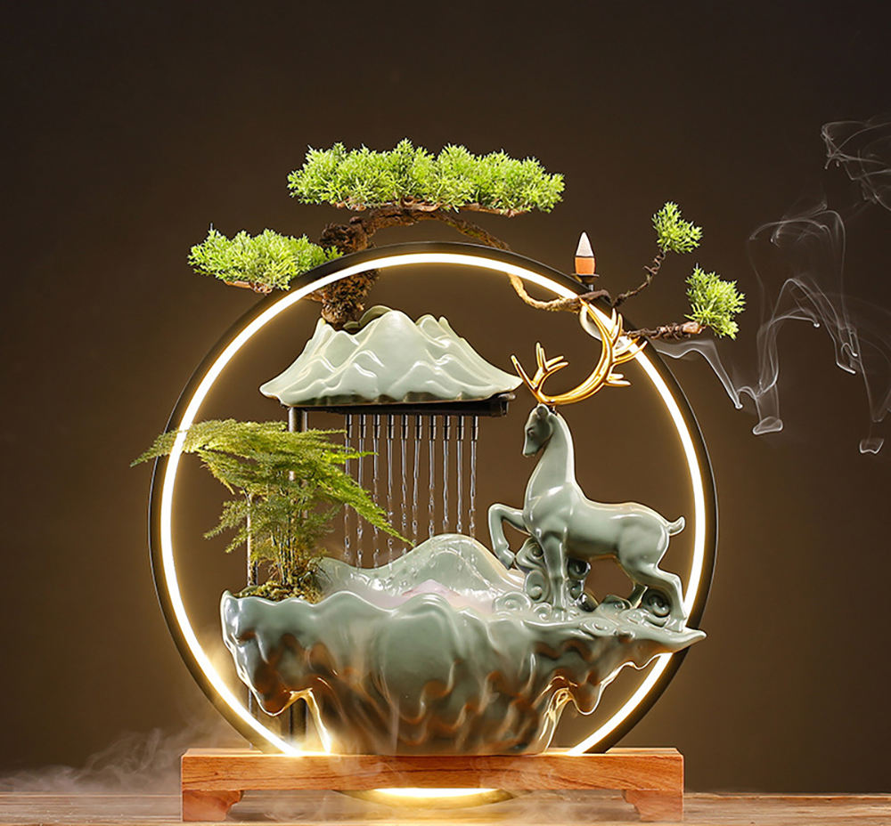 Fuente de agua Feng Shui con rociador de escritorio para oficina en casa, decoración húmeda y creativa de resina con simulación de paisaje rocoso para interiores