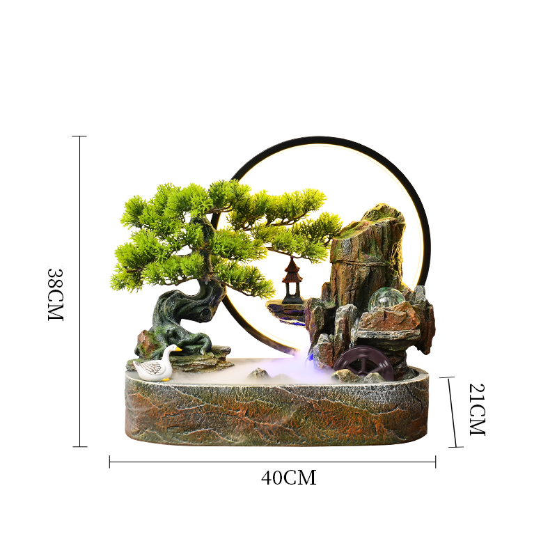 CHENYISHI Chinese Style Welcoming Pine Rockery Flowing Water Fountain Ornaments Watermill Ball Living Room Office Water Landscape