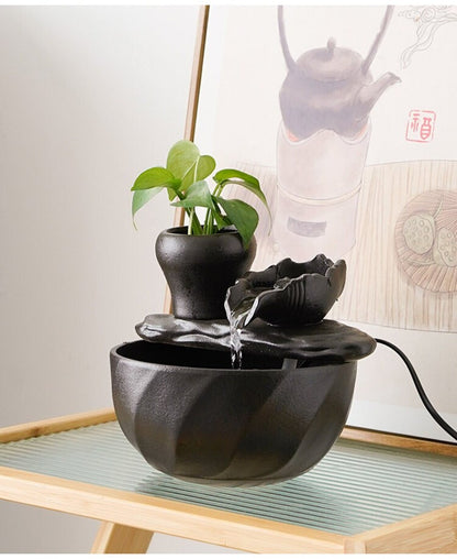 Juego de fuente de agua de cerámica negra japonesa pequeña para interiores | Decoración de agua corriente de la fortuna | Fuente de mesa de té de la suerte | Regalo zen de bendición de oficina