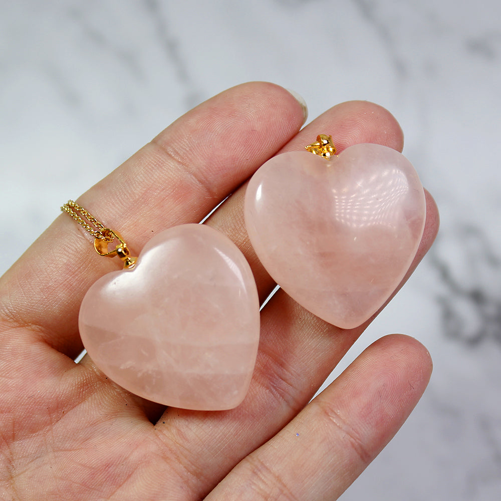 Natural Rose Quartz Gemstone Pink Crystal Heart Gold Plated Reiki Stone Chakra Pendant Necklace