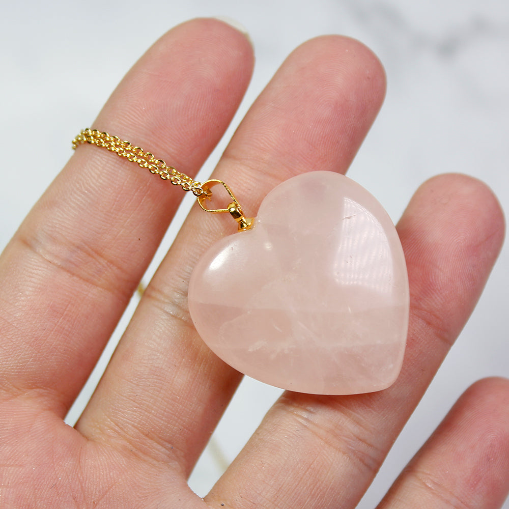 Natural Rose Quartz Gemstone Pink Crystal Heart Gold Plated Reiki Stone Chakra Pendant Necklace