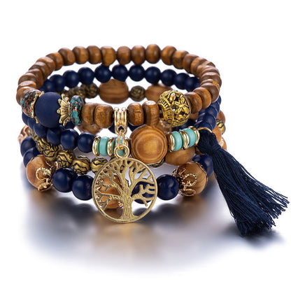 Pulsera de cuentas de madera multicapa de estilo bohemio