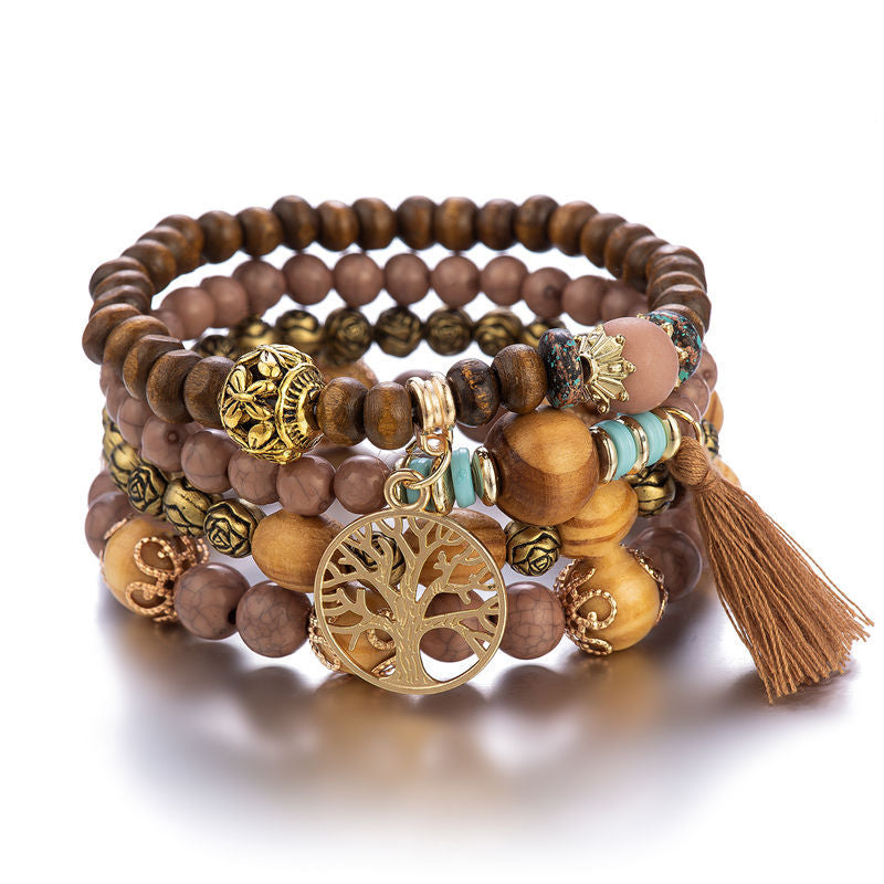 Pulsera de cuentas de madera multicapa de estilo bohemio