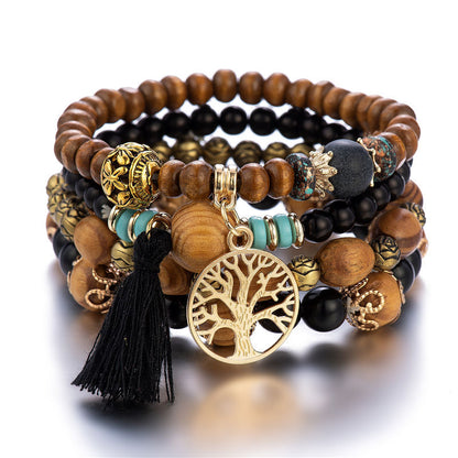 Pulsera de cuentas de madera multicapa de estilo bohemio