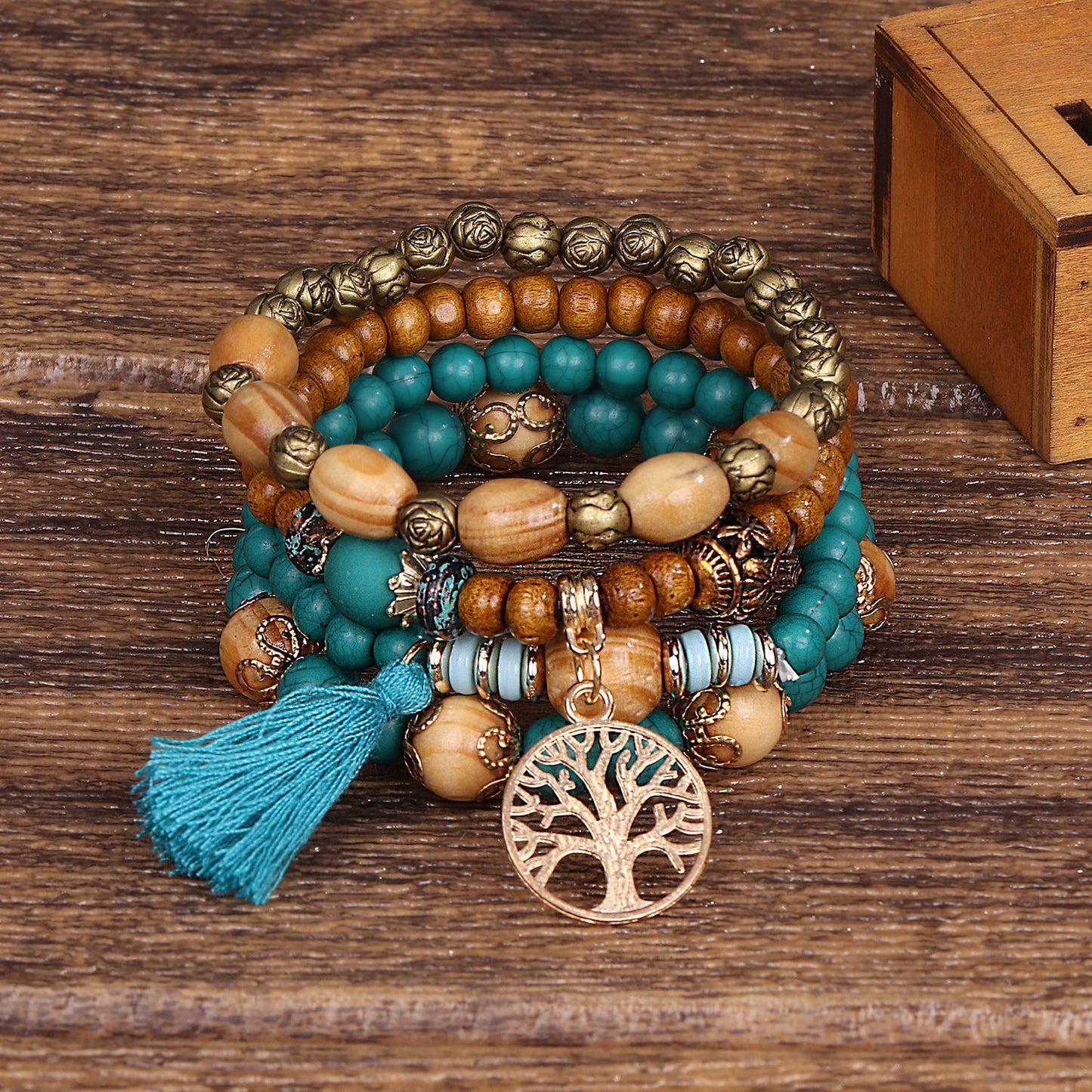 Pulsera de cuentas de madera multicapa de estilo bohemio