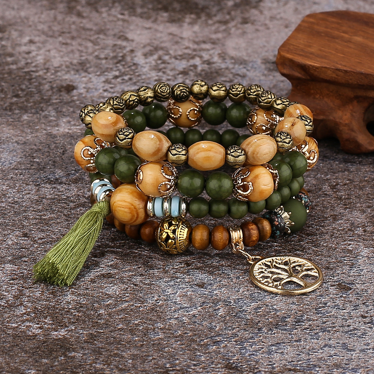 Bohemian style multi-layer wood beaded bracelet