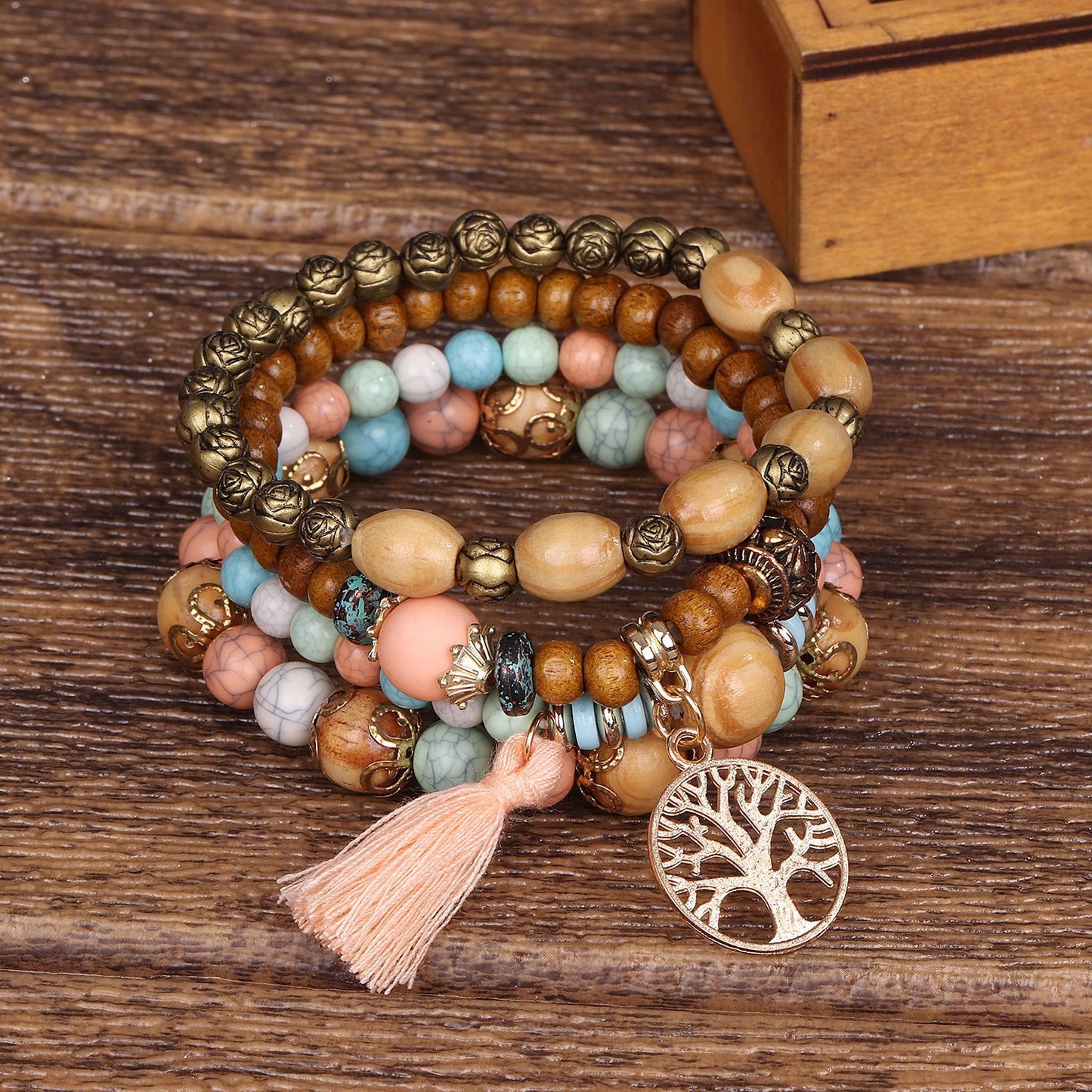 Pulsera de cuentas de madera multicapa de estilo bohemio