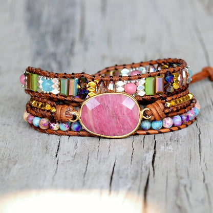 Natural Rhodochrosite Hand Woven Bracelet