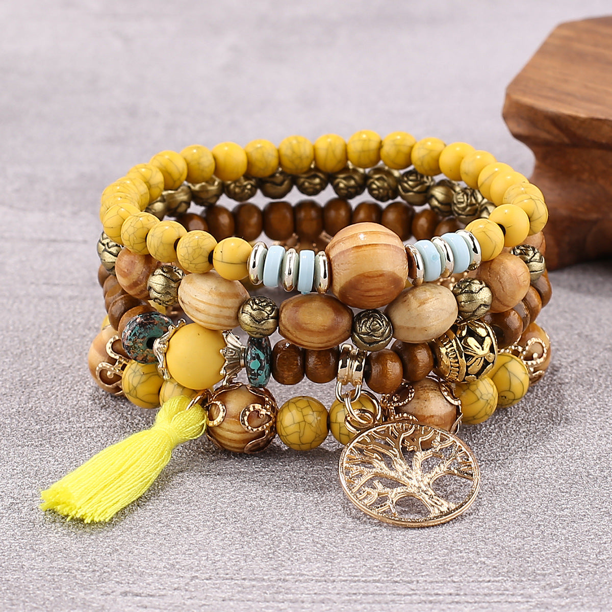 Bohemian style multi-layer wood beaded bracelet