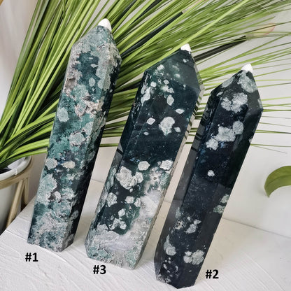 Large Natural Moss Agate Point Tower