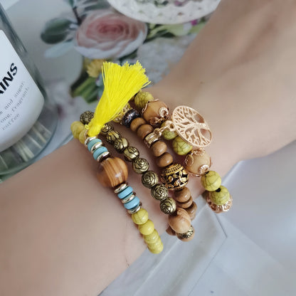 Pulsera de cuentas de madera multicapa de estilo bohemio