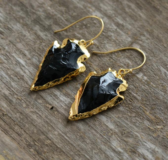 Rose Quartz/Obsidian Gold Arrowhead Earrings