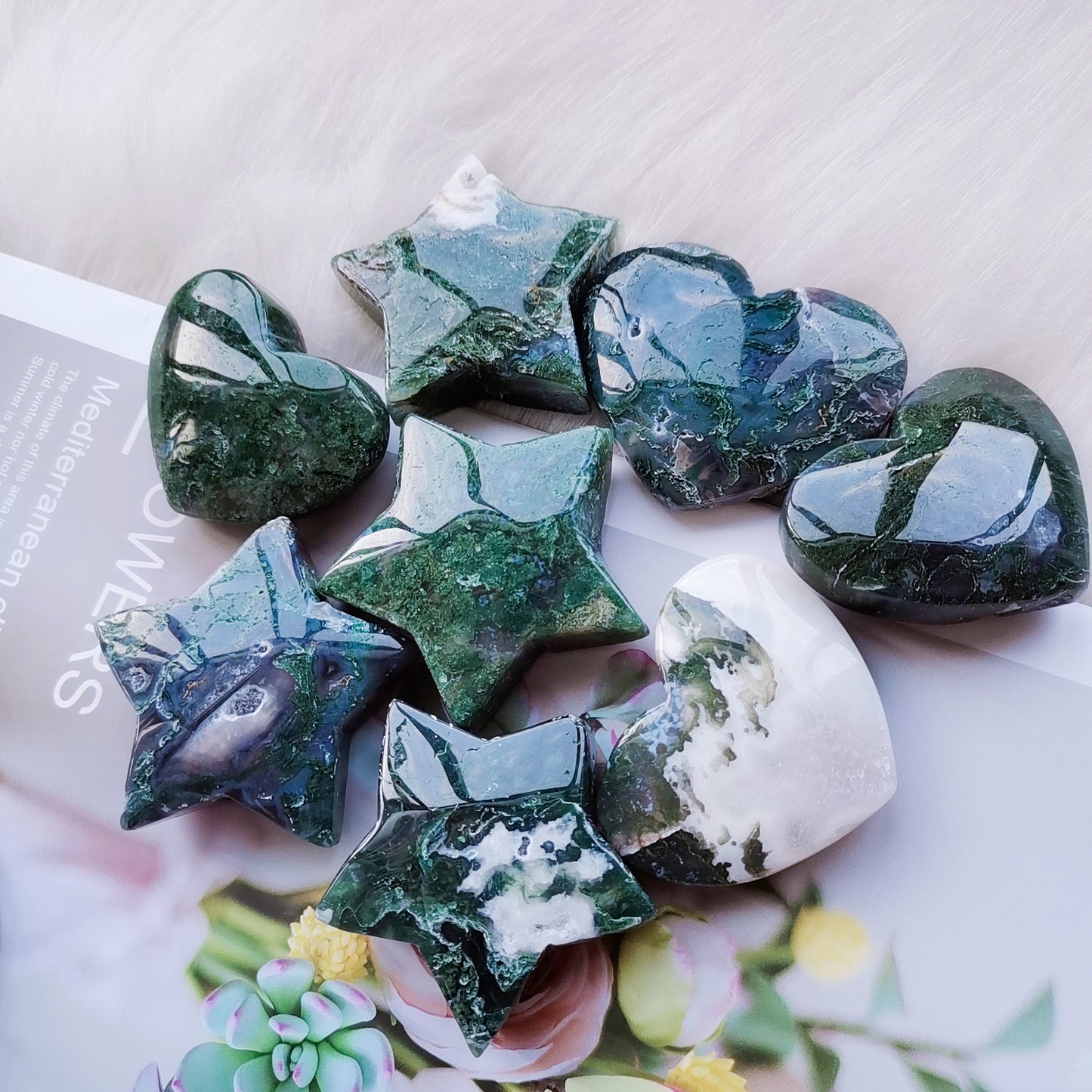 2.2 inch Natural Moss Agate Heart And Star Crystal Chakra Stone