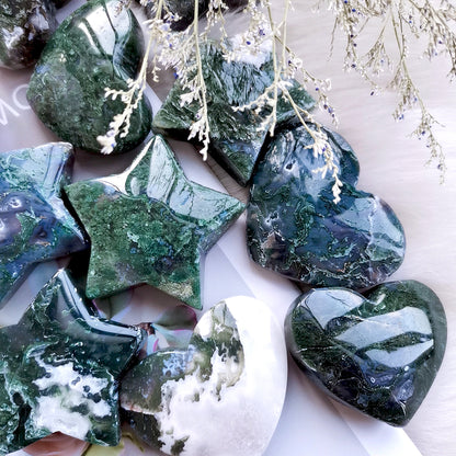 2.2 inch Natural Moss Agate Heart And Star Crystal Chakra Stone