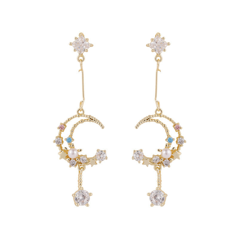 Moon and Star Earring Celestial Pearl Earrings Night Sky Drop Earrings