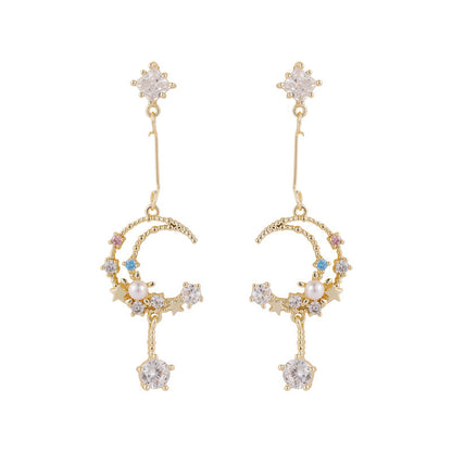 Moon and Star Earring Celestial Pearl Earrings Night Sky Drop Earrings