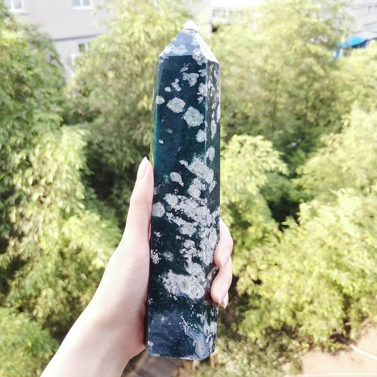 Large Natural Moss Agate Point Tower