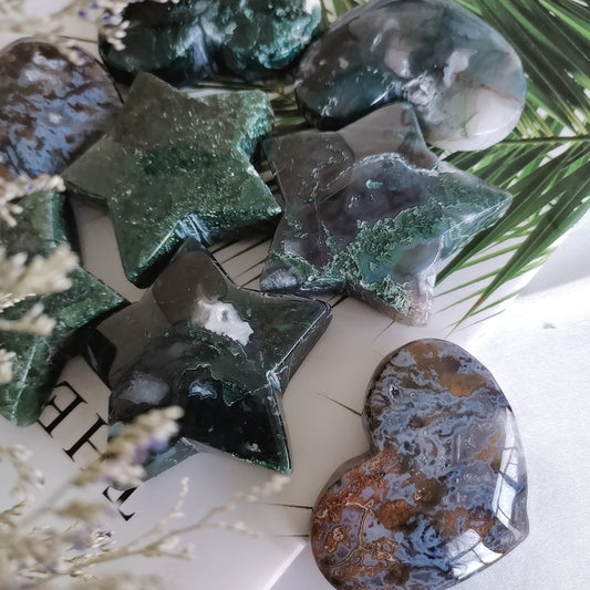 Piedra de chakra de cristal con forma de corazón y estrella de ágata musgosa natural de 2,2 pulgadas