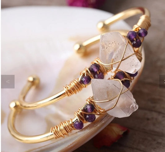 Natural Clear Quartz Open Cuff Wire Wrap Irregular Copper Bangles