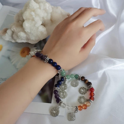 Pulseras de árbol de la vida de los 7 chakras, pulseras de cuentas de energía curativa de Reiki de piedra natural