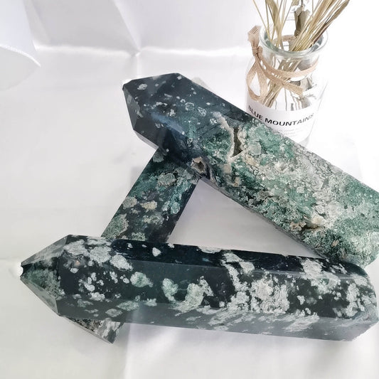 Large Natural Moss Agate Point Tower