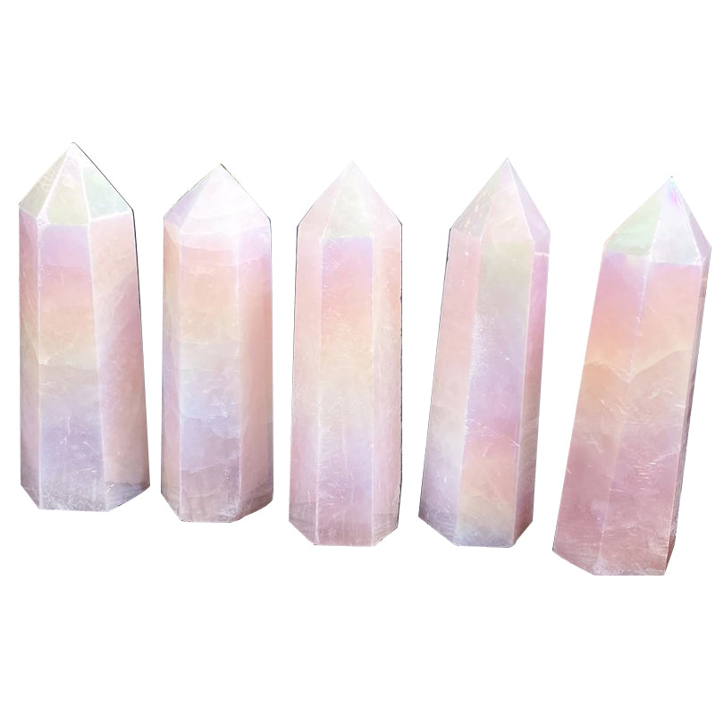 Natural Pink Tower Angel Aura Rose Quartz Crystal Wand Point Healing Stone For Sale