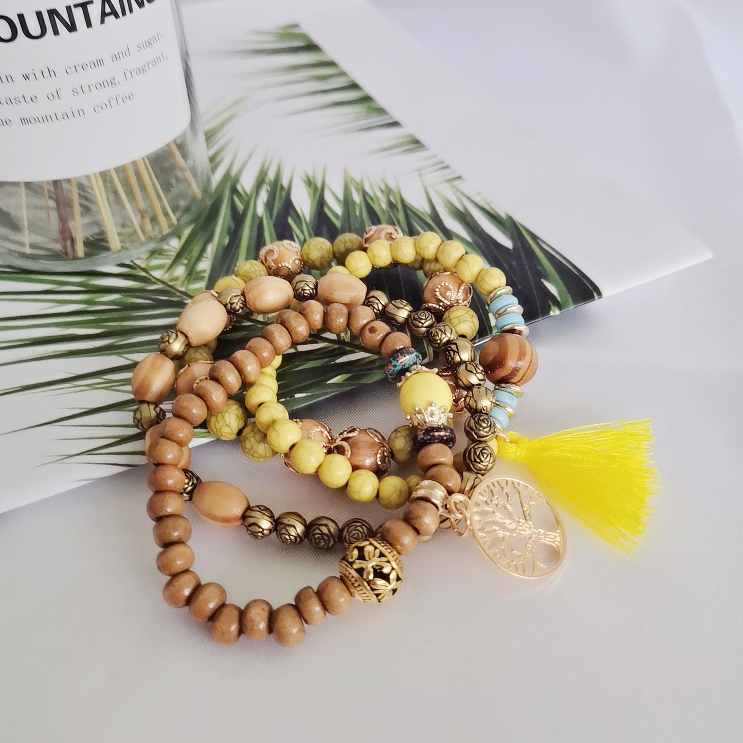 Bohemian style multi-layer wood beaded bracelet