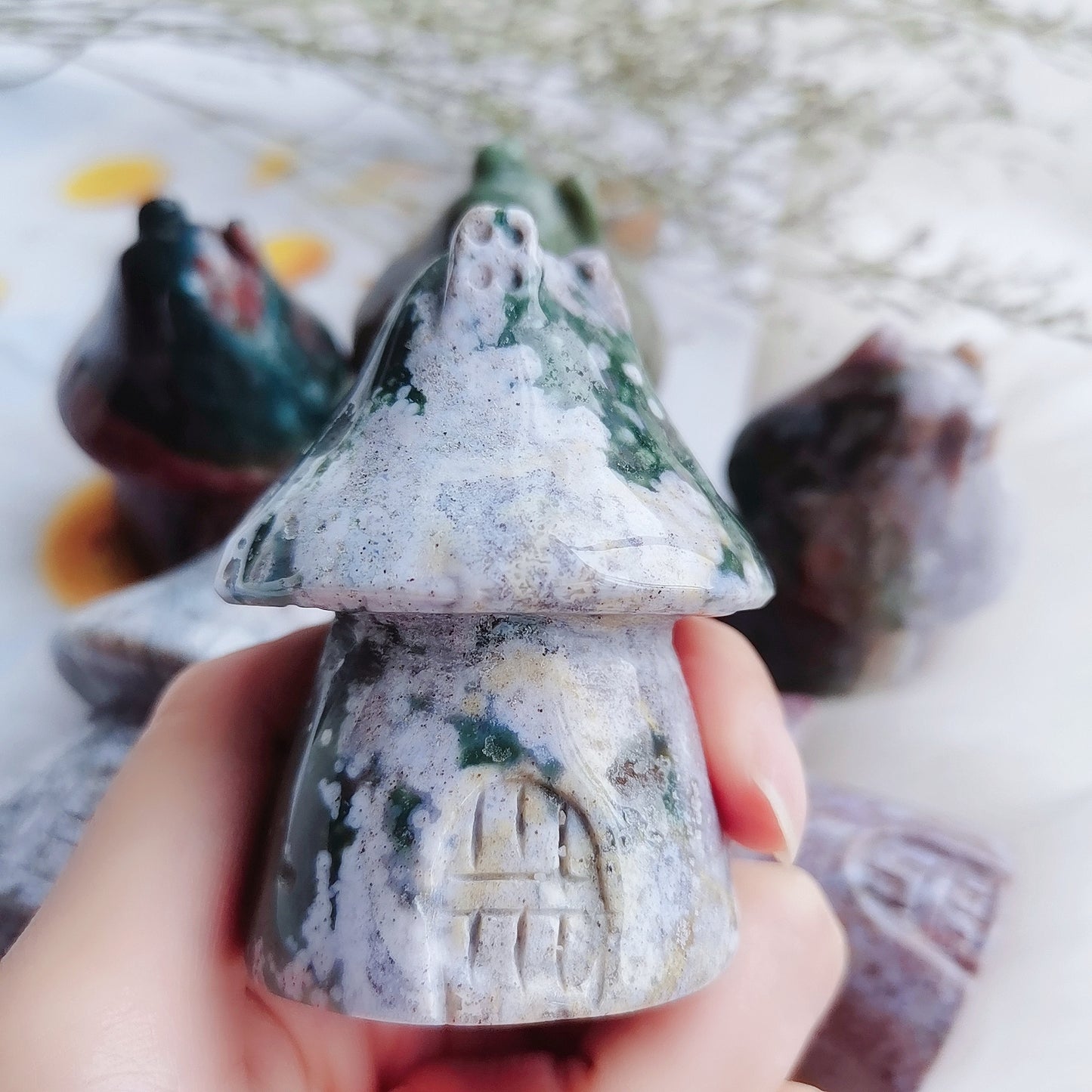 Moss Agate Mushroom House Natural Crystal Healing Chakra Decor