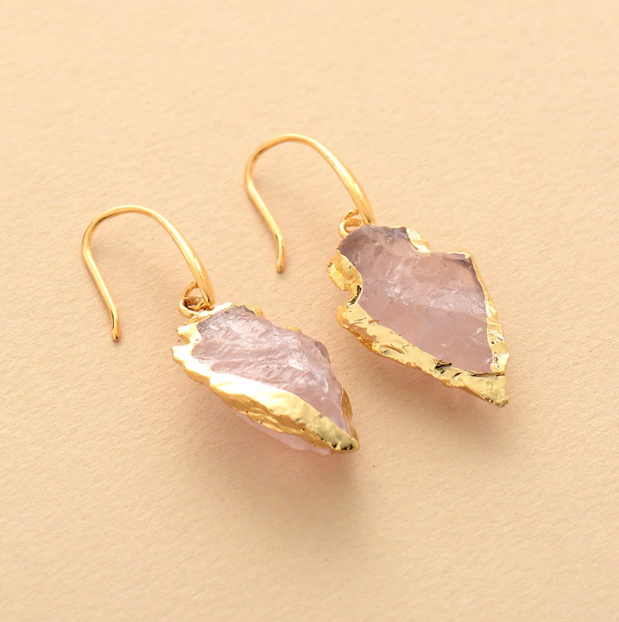 Rose Quartz/Obsidian Gold Arrowhead Earrings