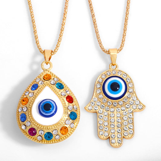 Gold Plated Colorful Lucky Turkish Jewelry Blue Evil Eye Hamsa Hand Pendant Necklace