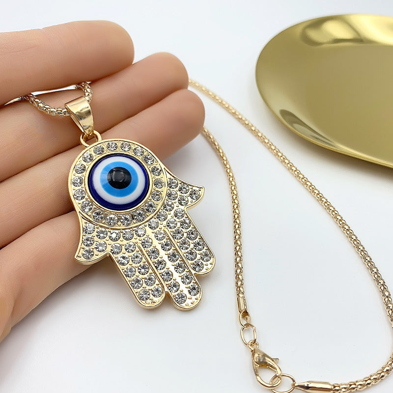 Gold Plated Colorful Lucky Turkish Jewelry Blue Evil Eye Hamsa Hand Pendant Necklace