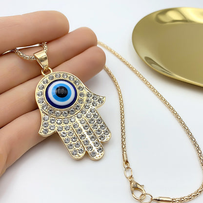 Collar con colgante de mano de Hamsa con ojo azul y ojo turco de la suerte bañado en oro