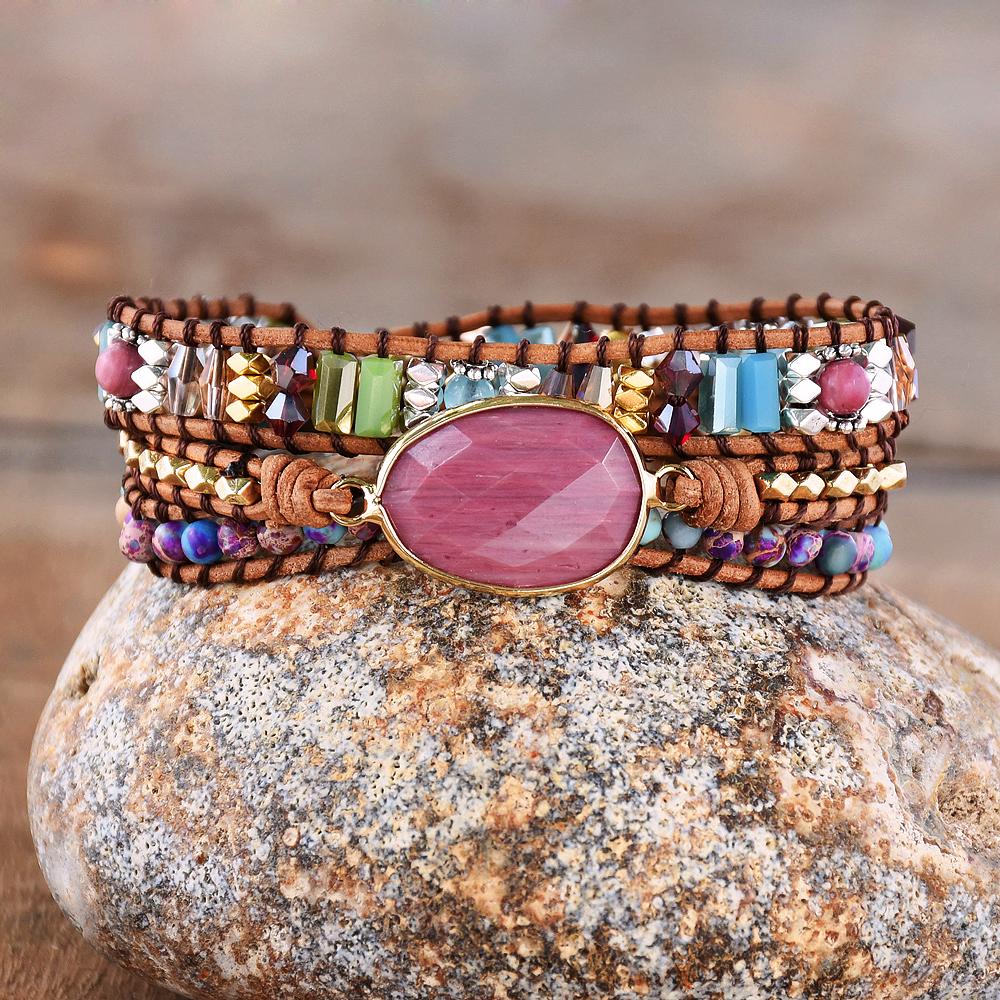 Natural Rhodochrosite Hand Woven Bracelet